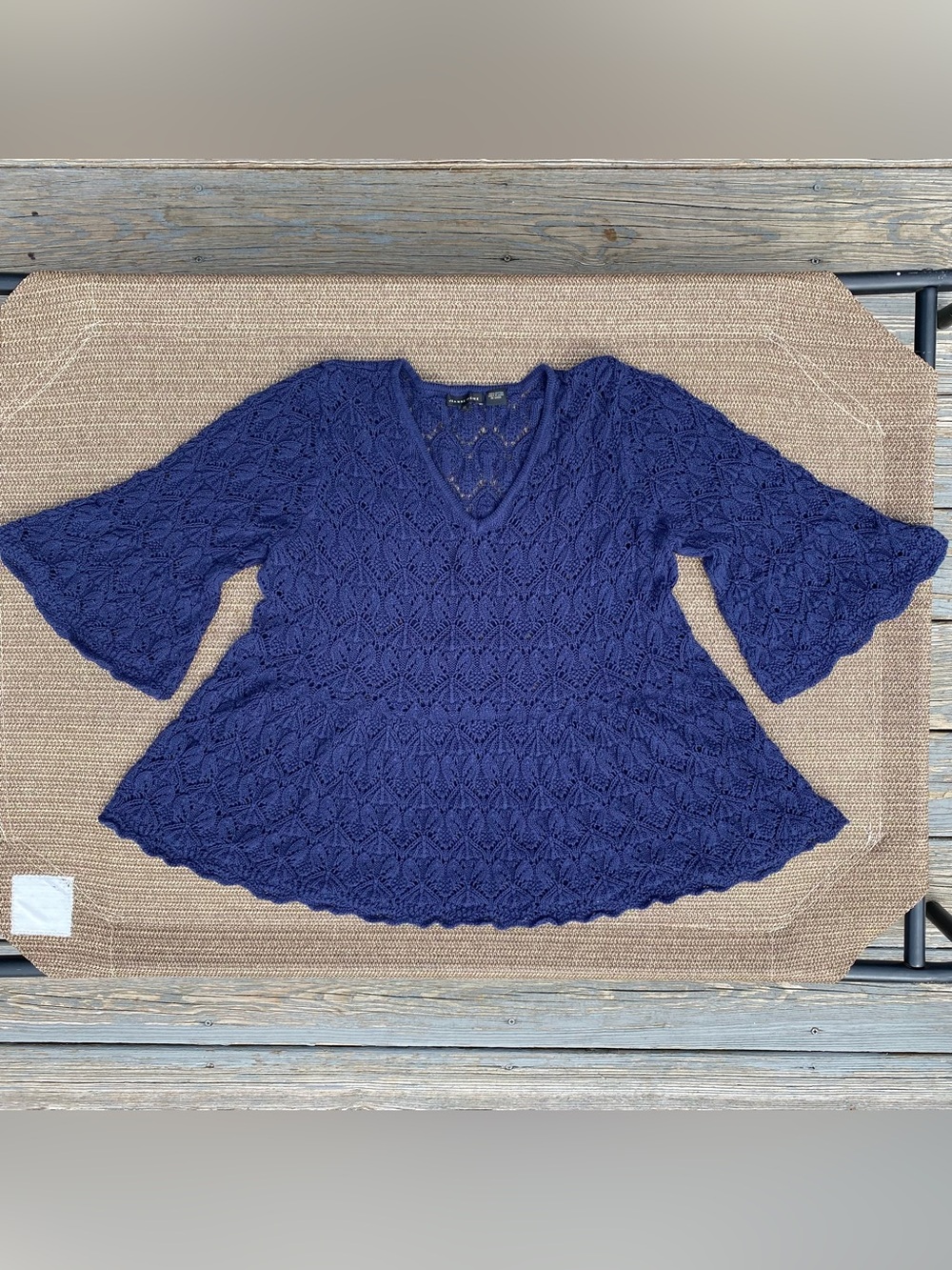 Jeanne Pierre Navy Blue Cotton Crochet Bell Sleeve Peplum Sweater Top XL